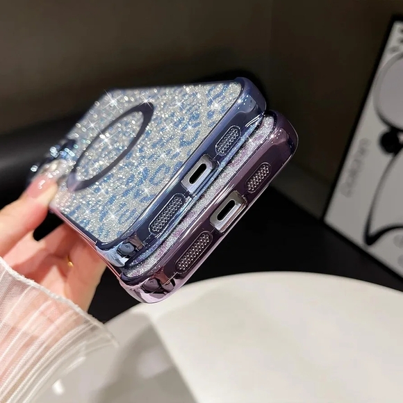 Glitter Leopard Print iPhone 15 Plus Case - Silver and Blue - Picture 10 of 11